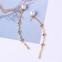 Blue Crystal & Imitation Pearl Linking Eyes Drop Earrings - streetregion