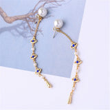 Blue Crystal & Imitation Pearl Linking Eyes Drop Earrings - streetregion