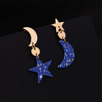 Blue & Goldtone Moon Star Asymmetrical Drop Earrings