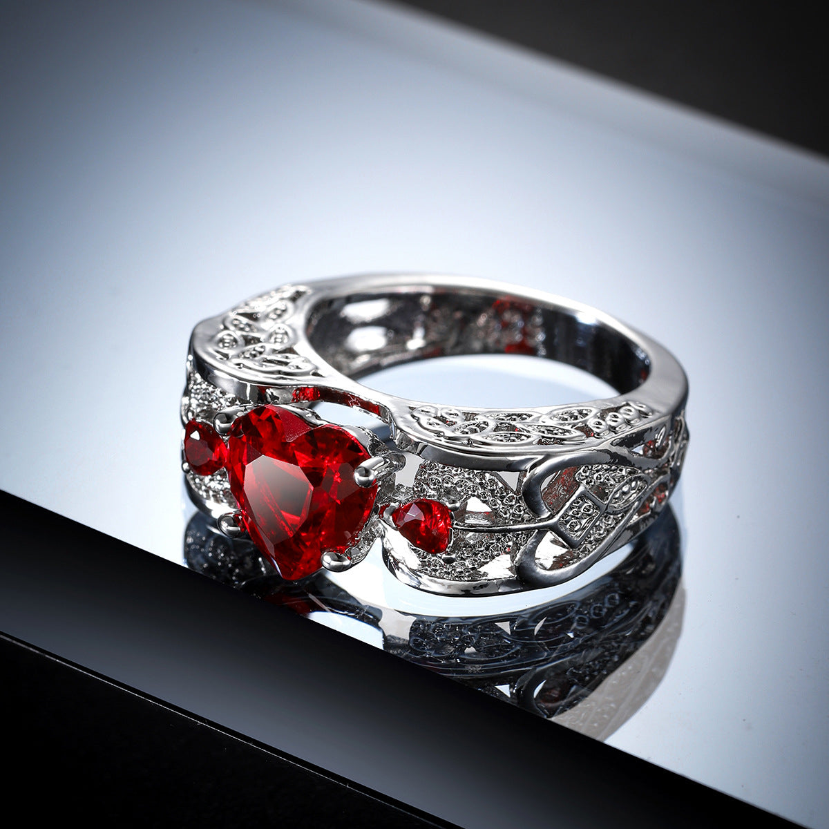 Red Crystal & Cubic Zirconia Floral Heart-Cut Band