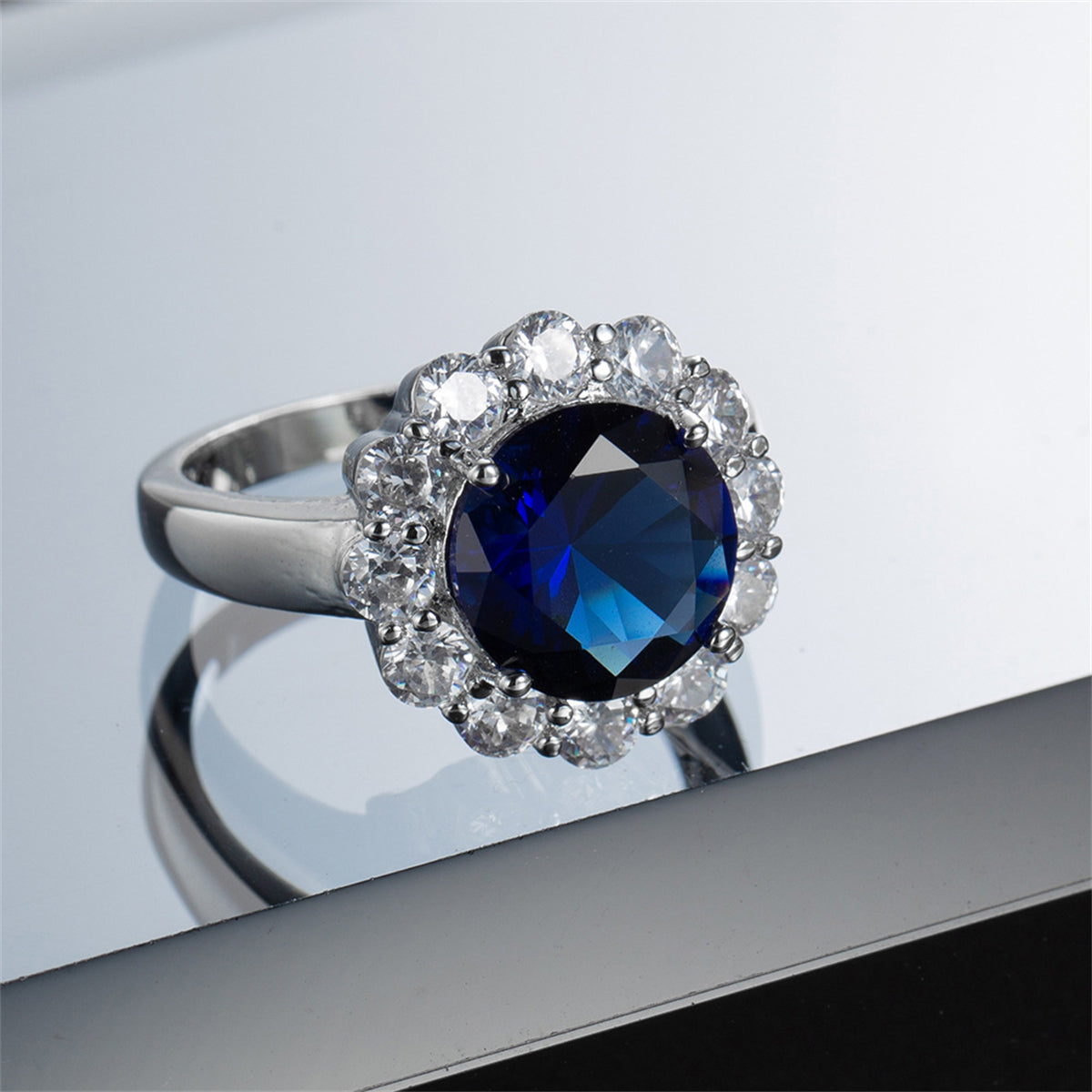 Navy Crystal & Cubic Zirconia Round-Cut Halo Ring