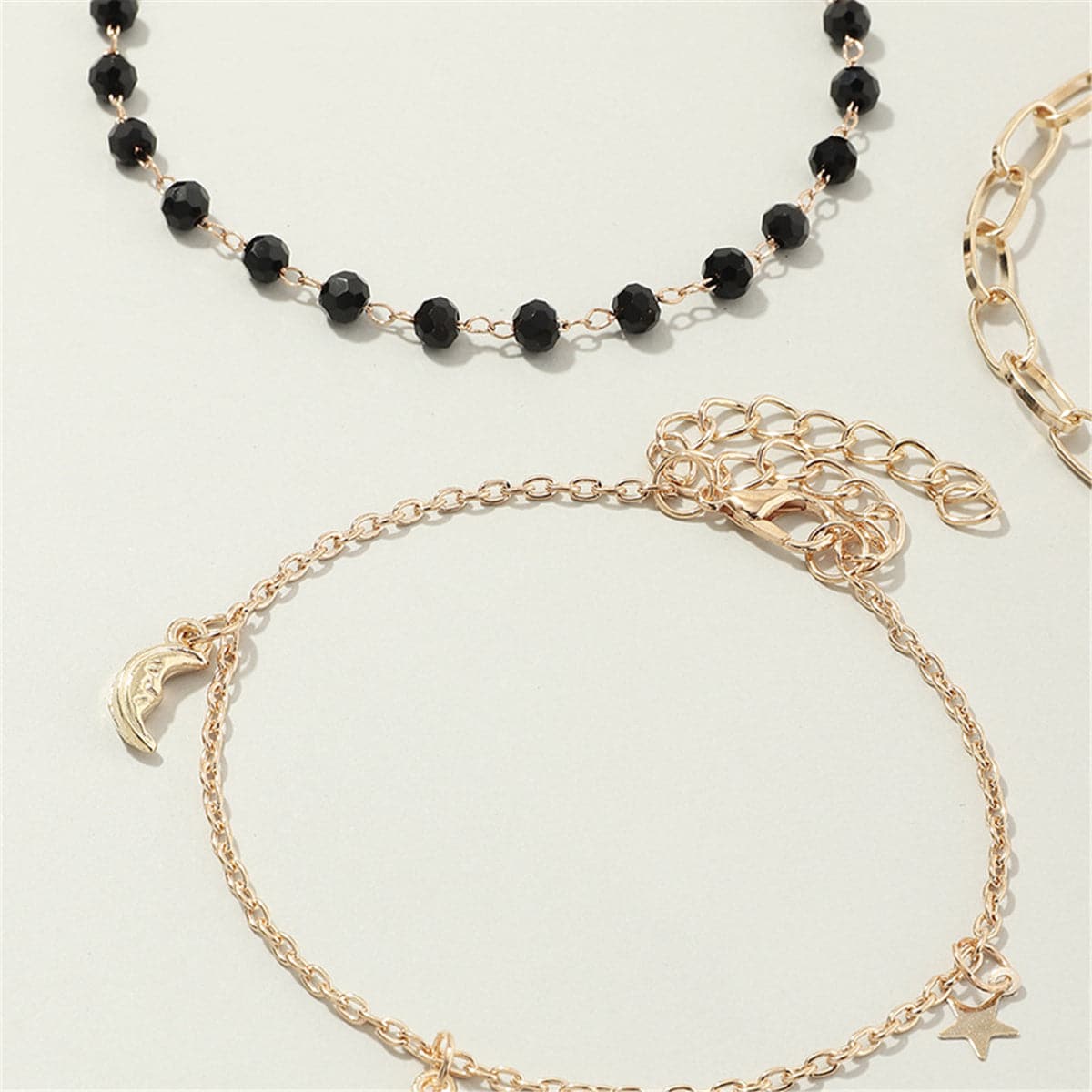 Black Bead and 18K Gold Plated Sun Figaro Anklet Set, jewelry gift sets for women, everyday style, lifestyle look