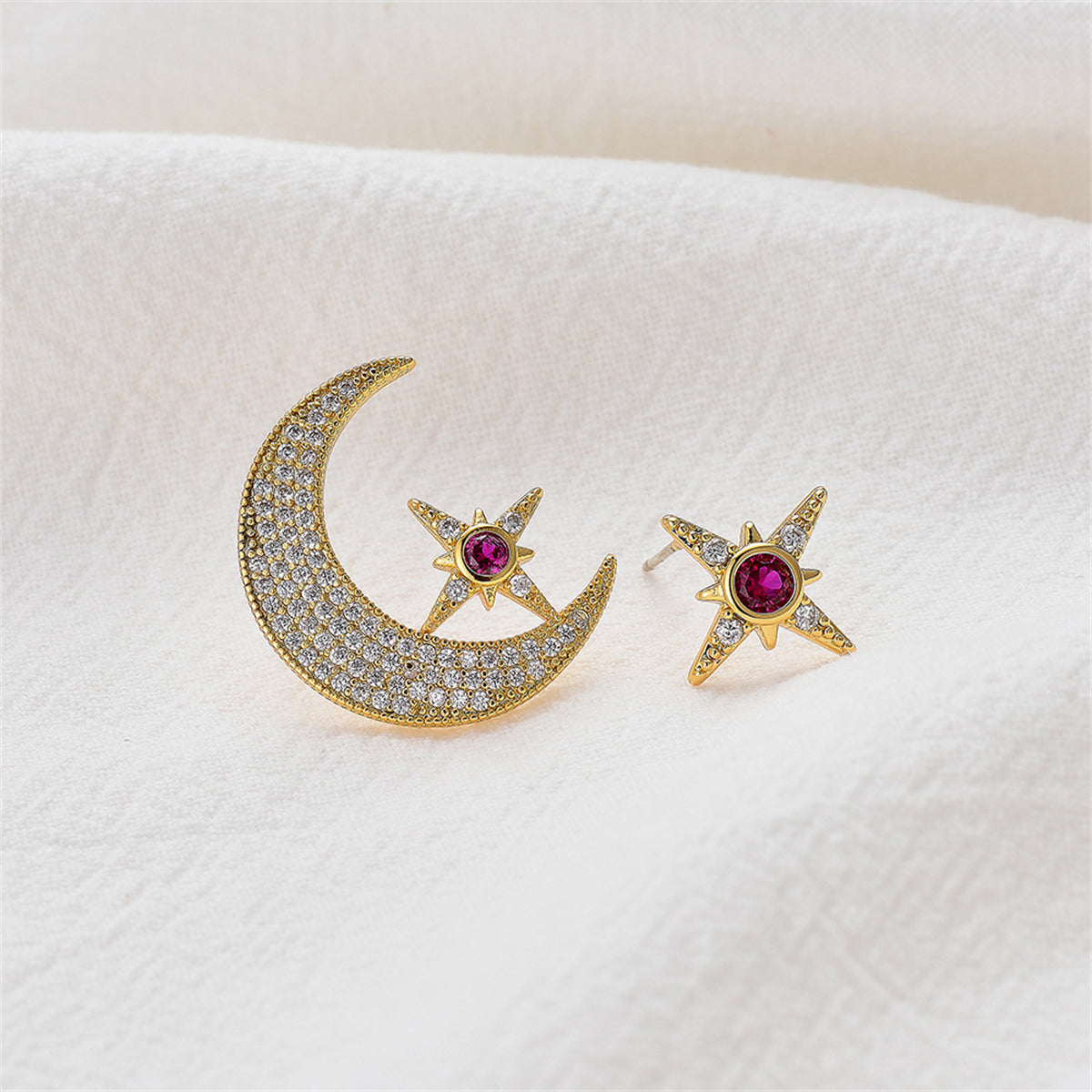 Red Cubic Zirconia & 18K Gold-Plated Moon Star Stud Earrings