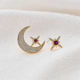 Red Cubic Zirconia & 18k Gold-Plated Moon Star Stud Earrings
