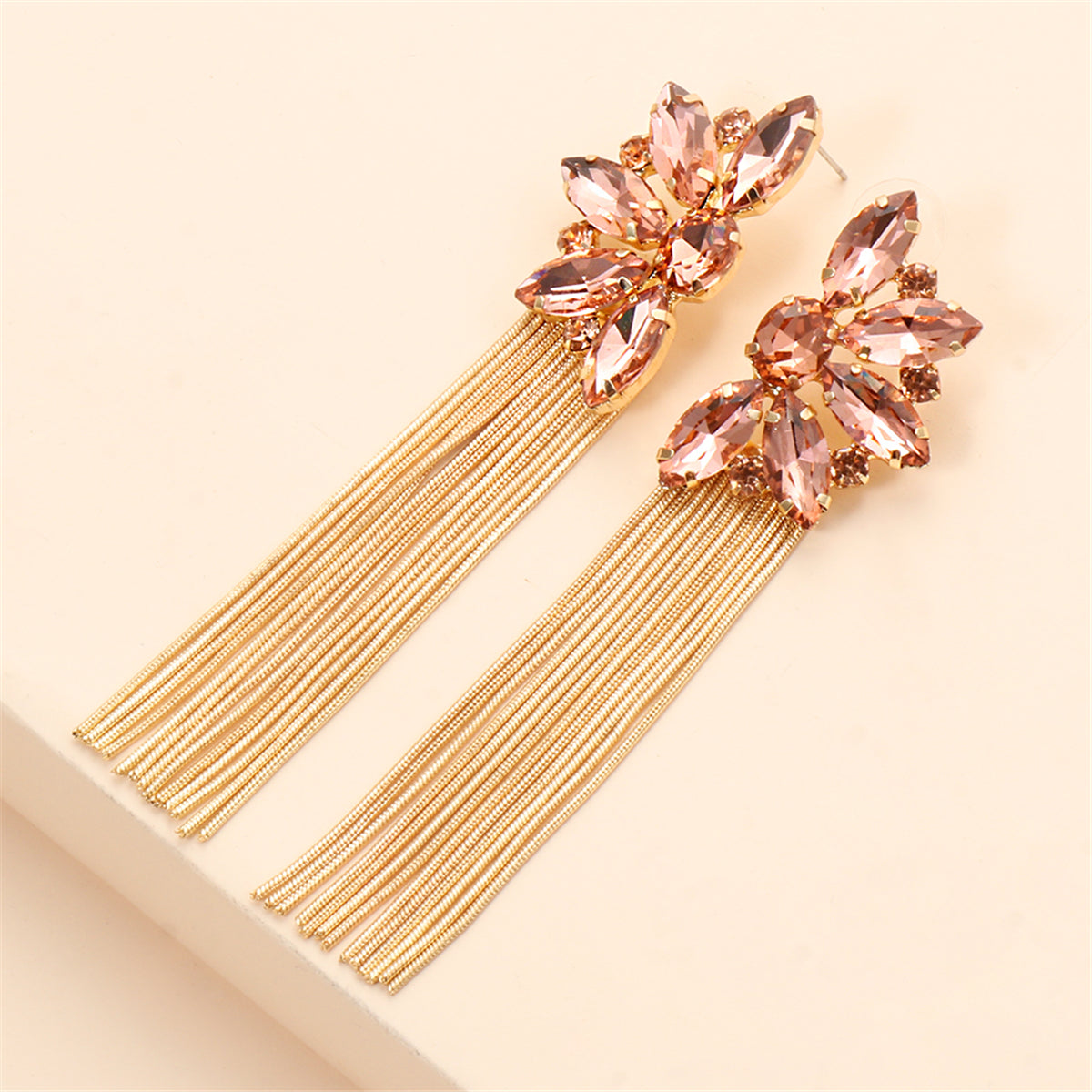 Champagne Crystal & Cubic Zirconia Floral Tassel Drop Earrings