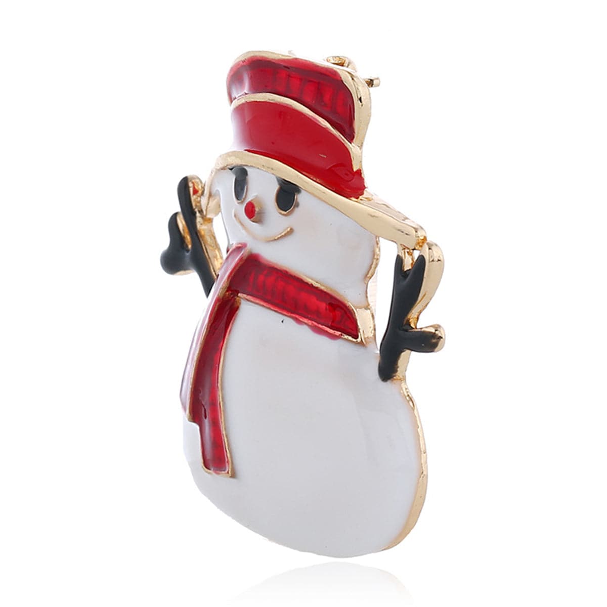 Red and 18K Gold-Plated Snowman Brooch, gold brooch pin, botanical inspired, detail close-up