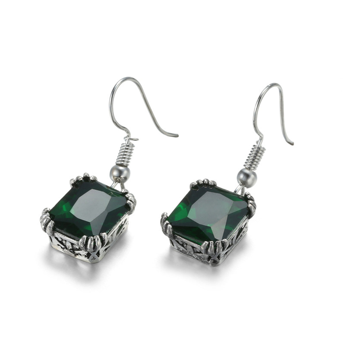 Green Crystal & Silver-Plated Princess-Cut Drop Earrings