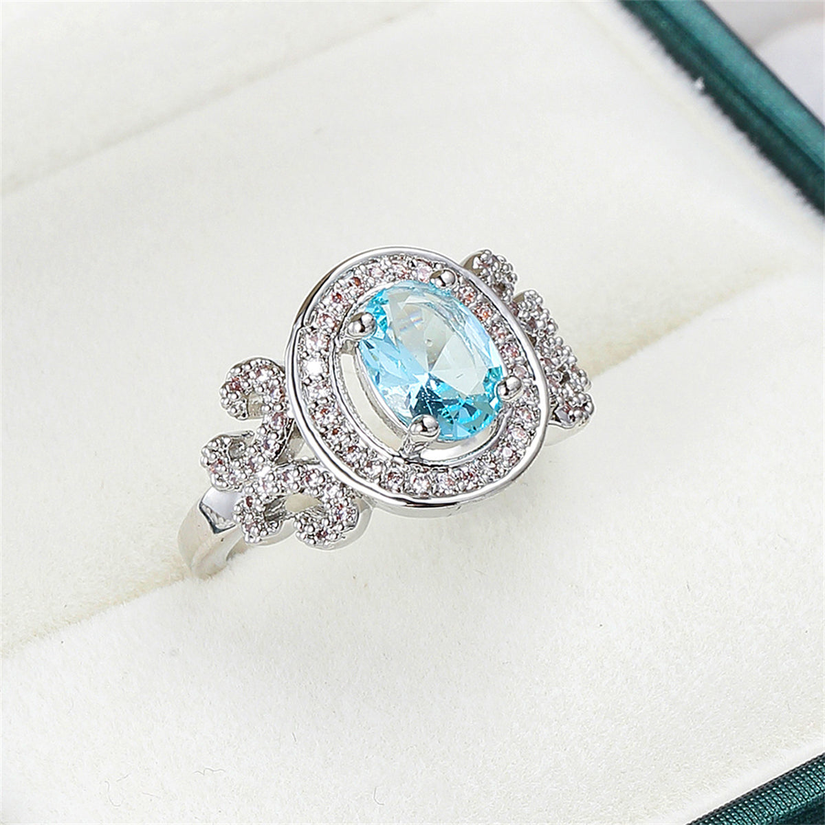 Cubic Zirconia and Sea Blue Crystal Halo Butterfly Ring, statement rings for women, botanical inspired, front view