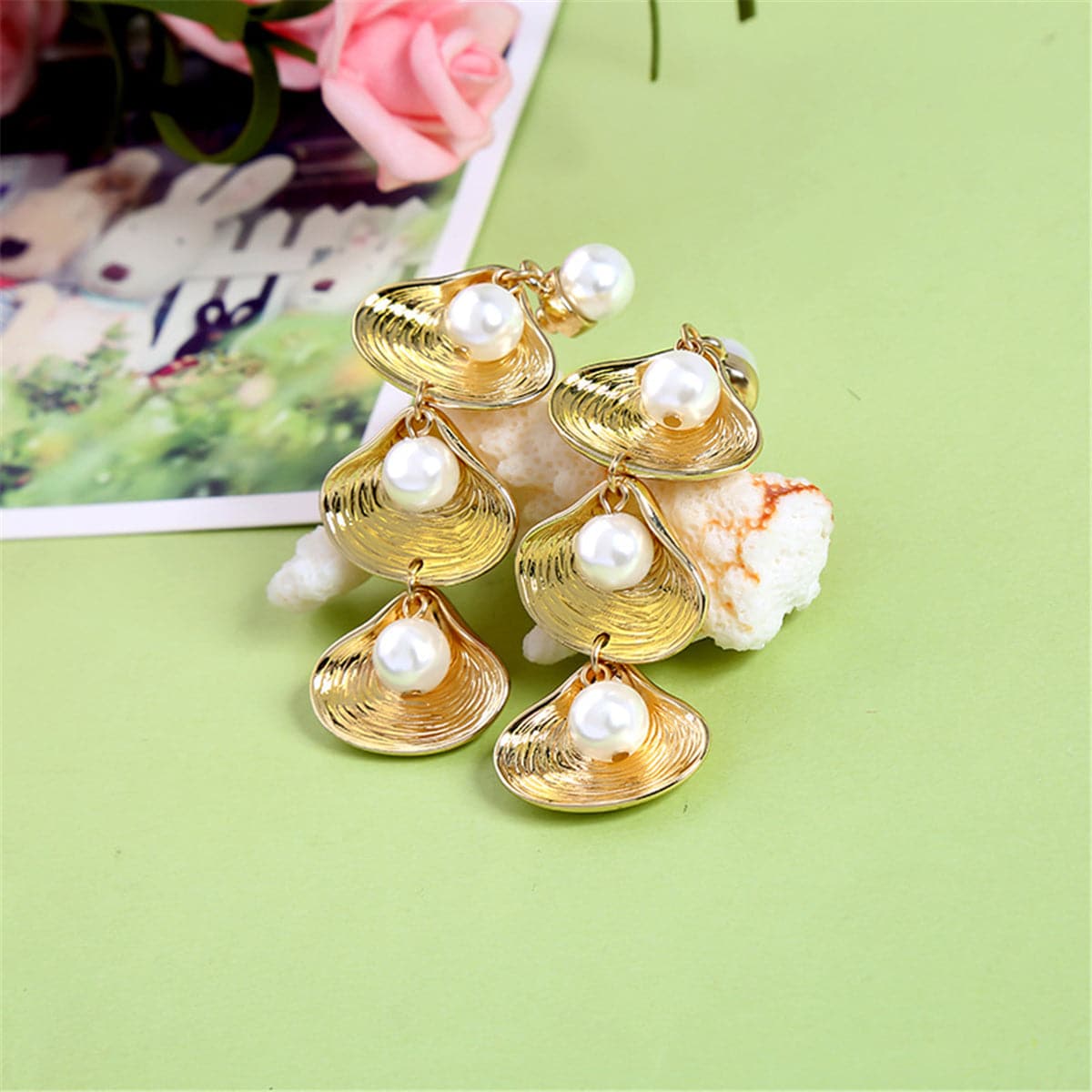 Pearl & 18K Gold-Plated Linking Seashell Drop Earrings