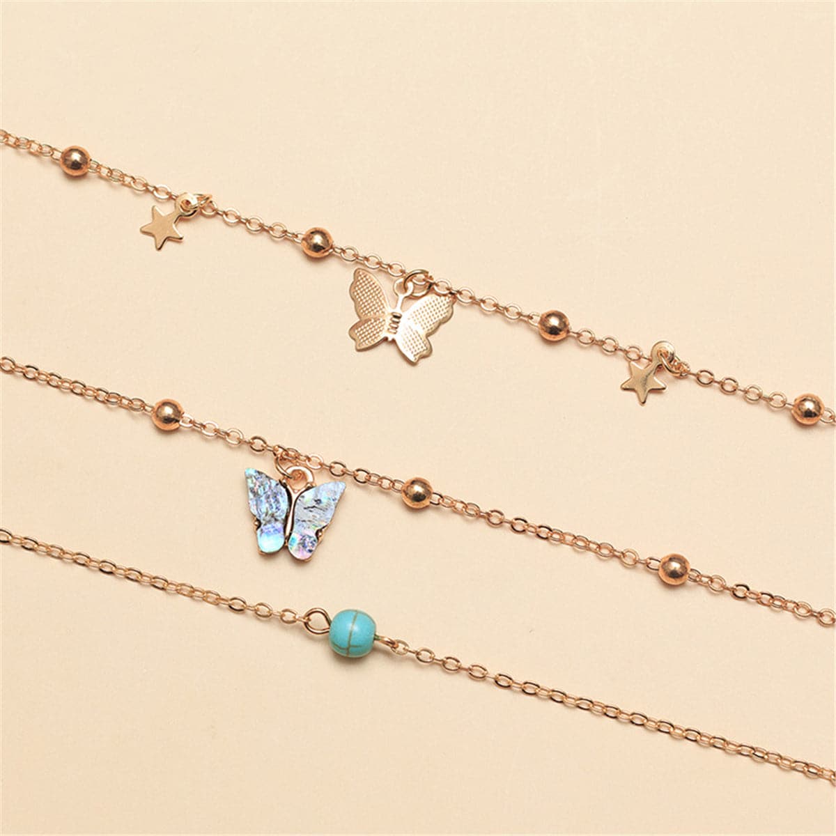 Abalone Shell and Turquoise 18k Gold-Plated Butterfly Anklet Set, jewelry gift sets for women, detail close-up
