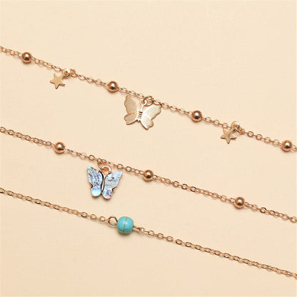 Abalone Shell and Turquoise 18k Gold-Plated Butterfly Anklet Set, jewelry gift sets for women, detail close-up