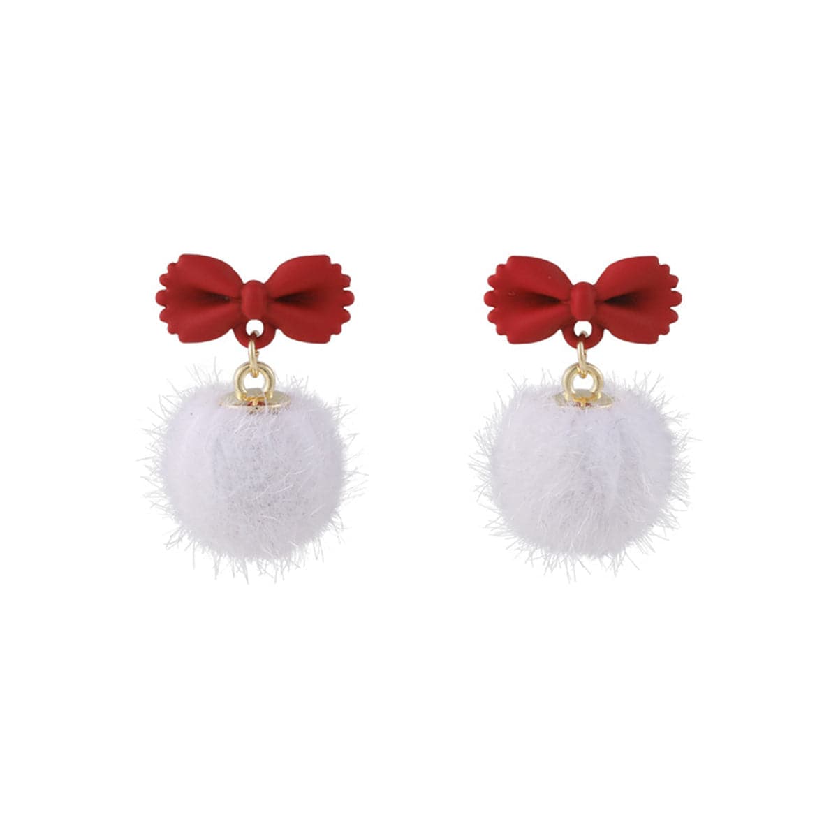Red Enamel and White Pom-Pom Bow Drop Earrings, drop earrings for women, vintage-inspired design, front view