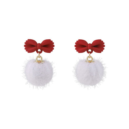 Red Enamel and White Pom-Pom Bow Drop Earrings, drop earrings for women, vintage-inspired design, front view