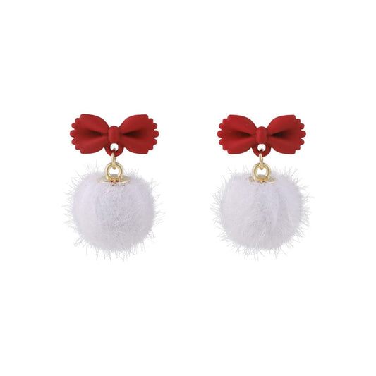 Red Enamel and White Pom-Pom Bow Drop Earrings, drop earrings for women, vintage-inspired design, front view