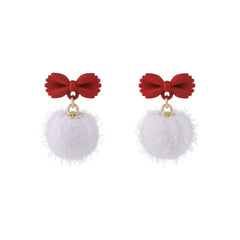 Red Enamel & White Pom-Pom Bow Drop Earrings
