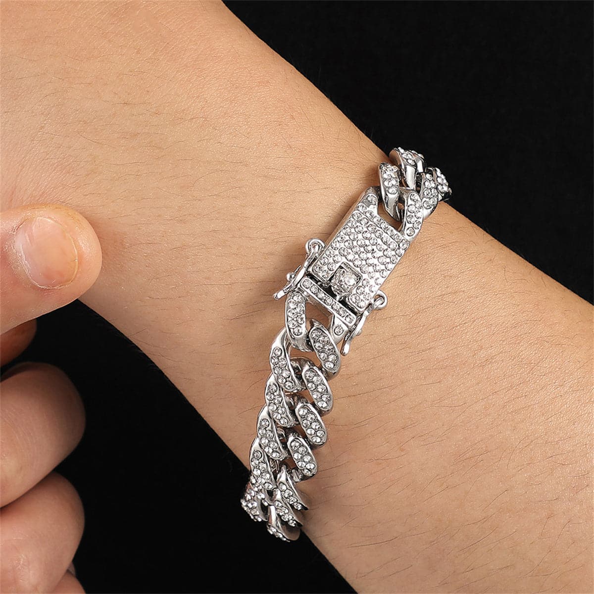 Cubic Zirconia and Silver-Plated Curb Chain Bracelet, silver bracelet for women, dainty minimalist design, front view
