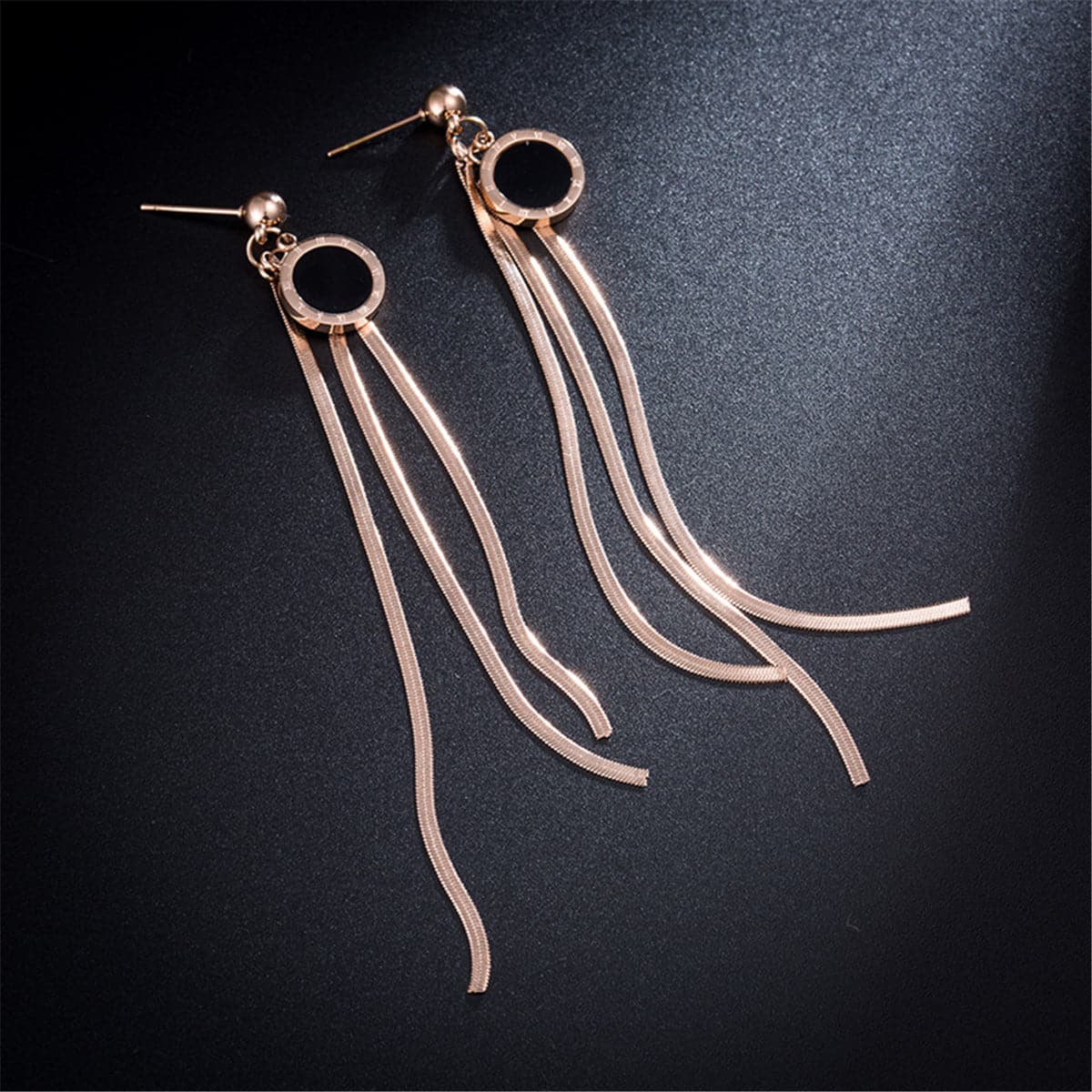 Black & 18K Rose Gold-Plated Roman Numeral Tassel Drop Earrings