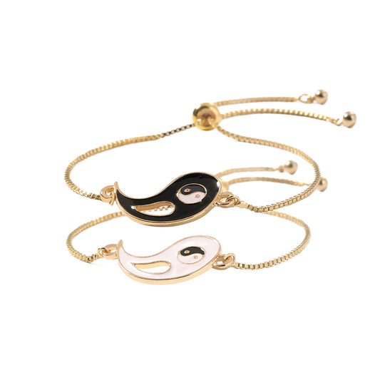 Enamel and 18K Gold-Plated Yin Yang Bracelet Set, jewelry gift sets for women, vintage-inspired design, front view