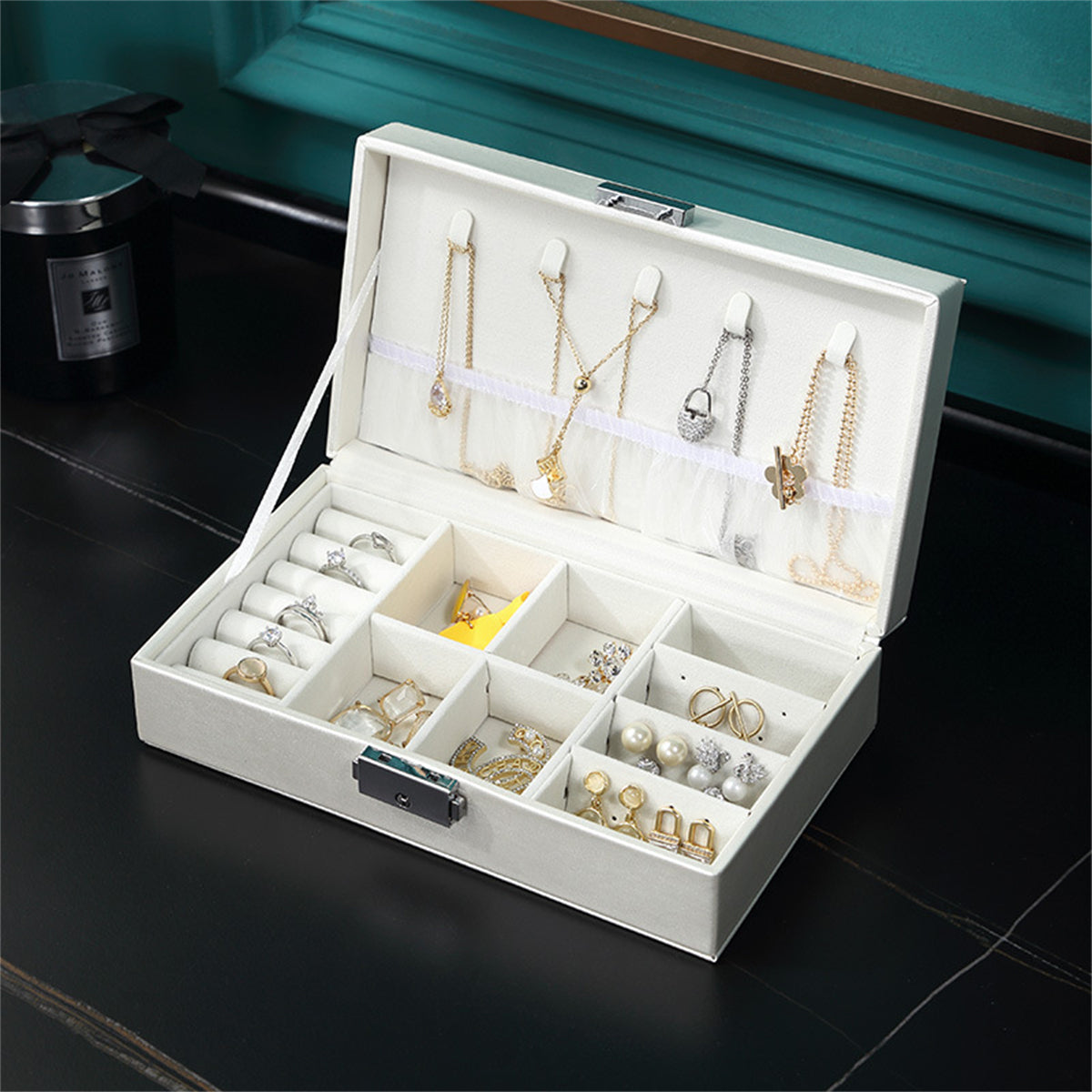 White Clasp Polystyrene Jewelry Storage Box, dainty minimalist design, side view