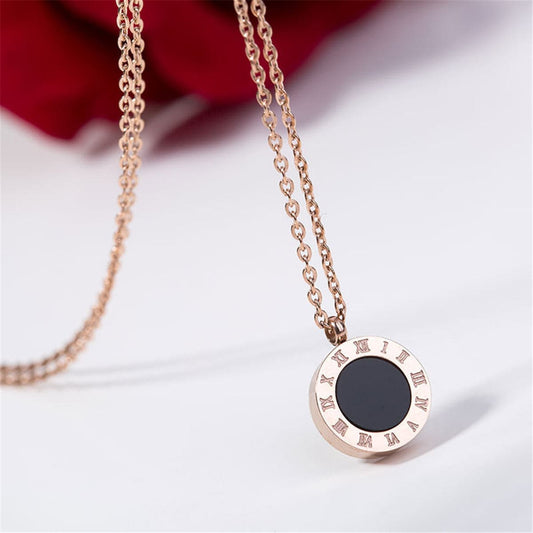 Black and 18K Rose Gold-Plated Roman Numeral Pendant Necklace, rose gold pendant necklace for women, front view