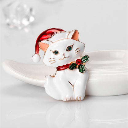 Green Cubic Zirconia and White Enamel Cat Brooch, brooch pin, botanical inspired, front view