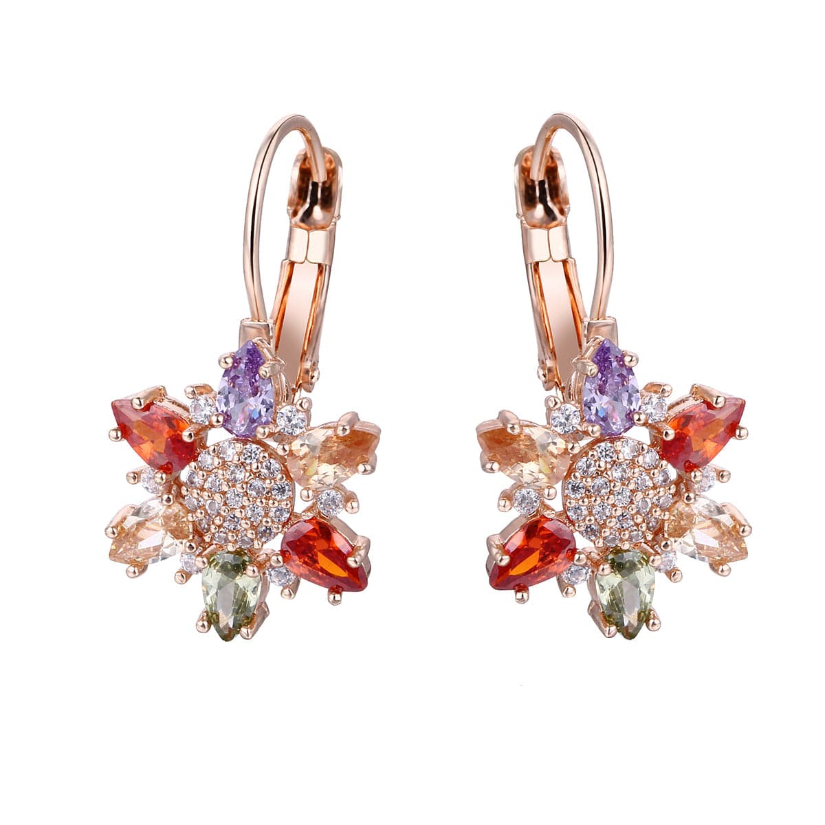 Red Cubic Zirconia and 18K Rose Gold-Plated Flower Huggie Earrings, rose gold huggie earrings, botanical inspired, side view