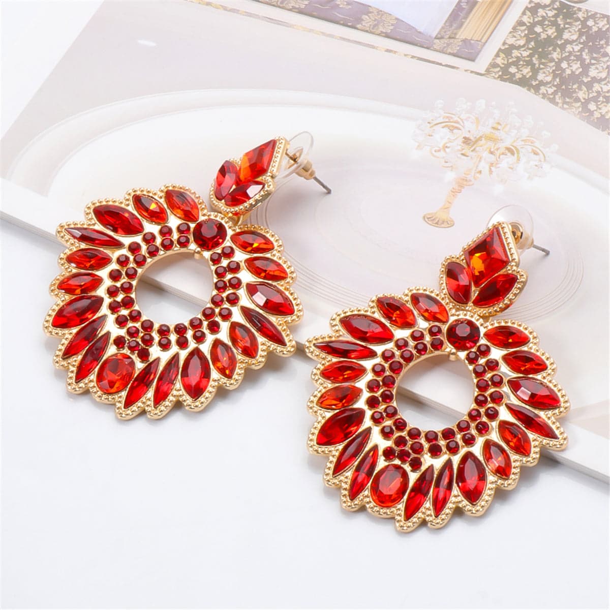 Red Crystal and Cubic Zirconia 18K Gold-Plated Geometric Drop Earrings, gold drop earrings for women, detail close-up