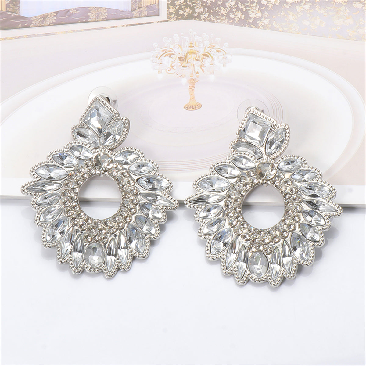 Crystal and Cubic Zirconia Silver-Plated Geometric Drop Earrings, silver drop earrings for women, detail close-up