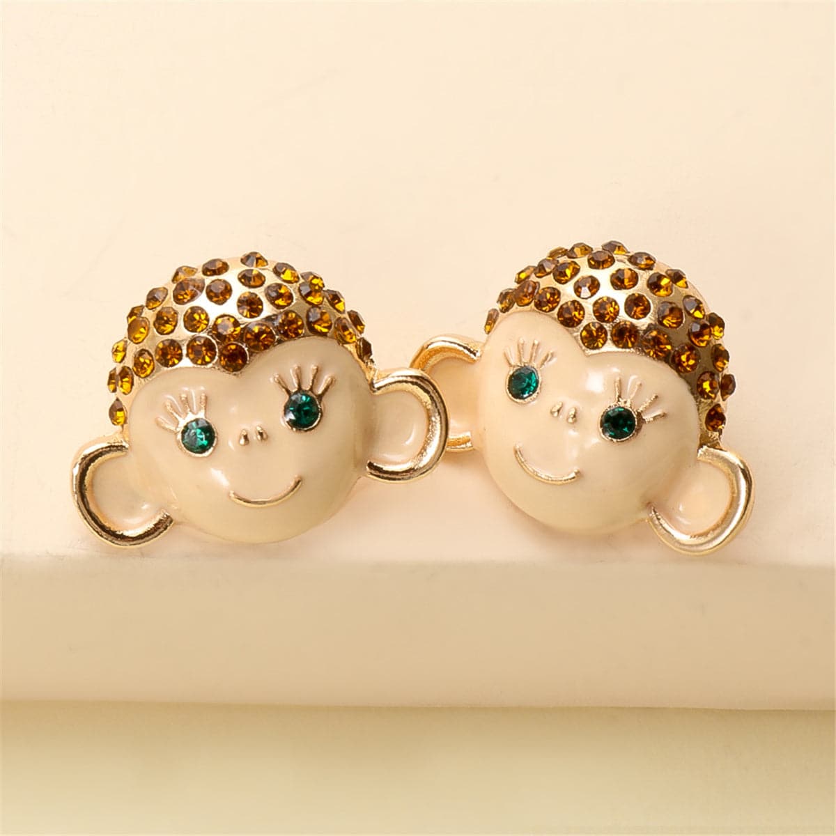 Cubic Zirconia and Enamel 18K Gold-Plated Monkey Stud Earrings, gold stud earrings for women, botanical inspired, front view