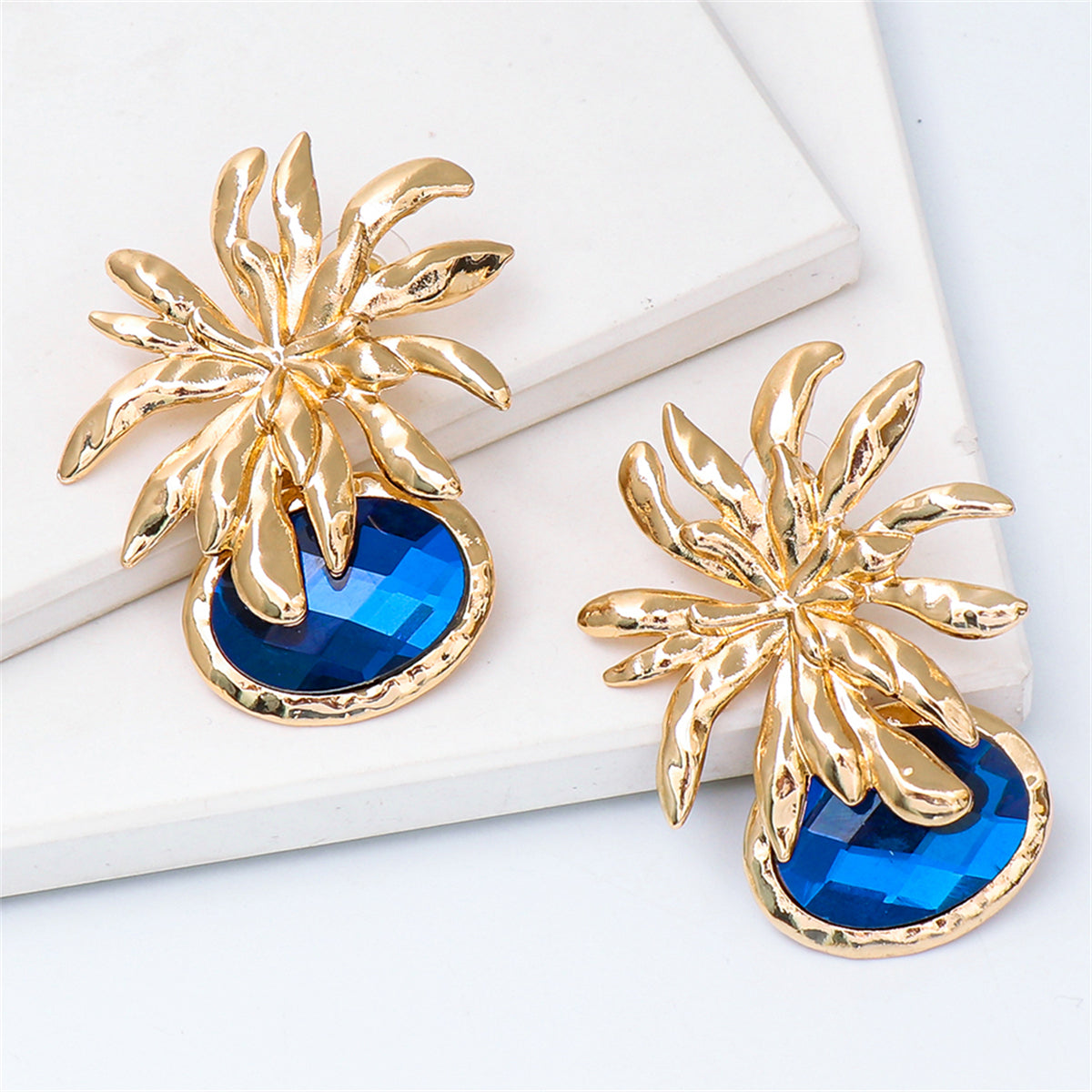 Blue Oval Crystal & 18K Gold-Plated Flower Drop Earrings