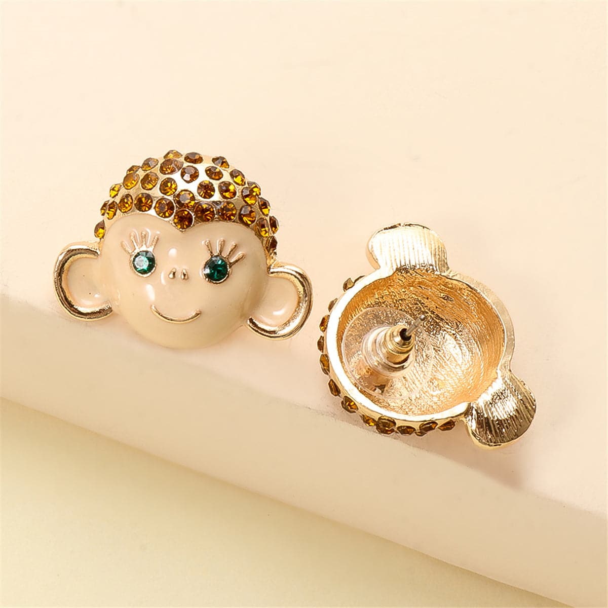 Cubic Zirconia and Enamel 18K Gold-Plated Monkey Stud Earrings, gold stud earrings for women, detail close-up