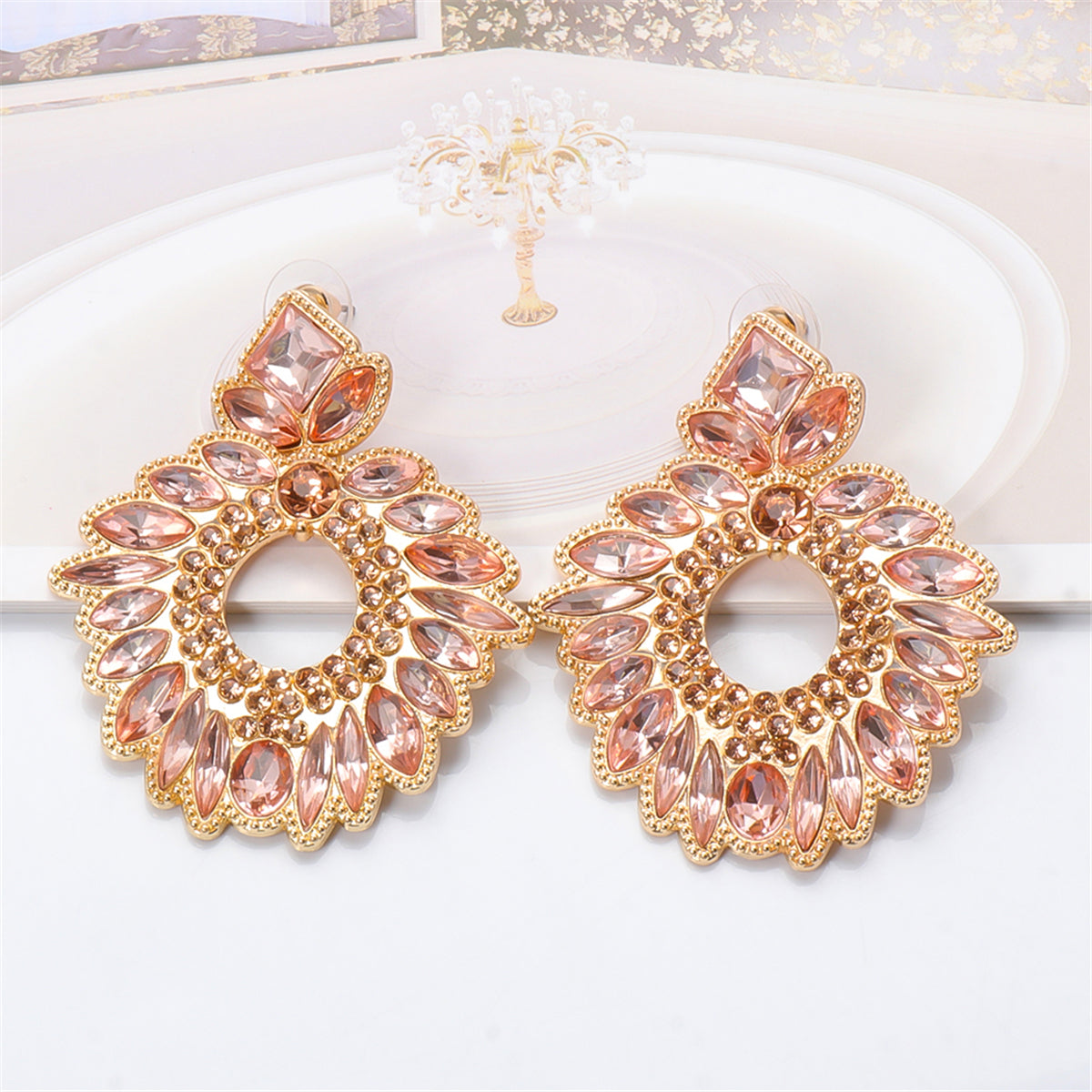 Champagne Crystal and Cubic Zirconia Geometric Drop Earrings, drop earrings for women, everyday style, detail close-up