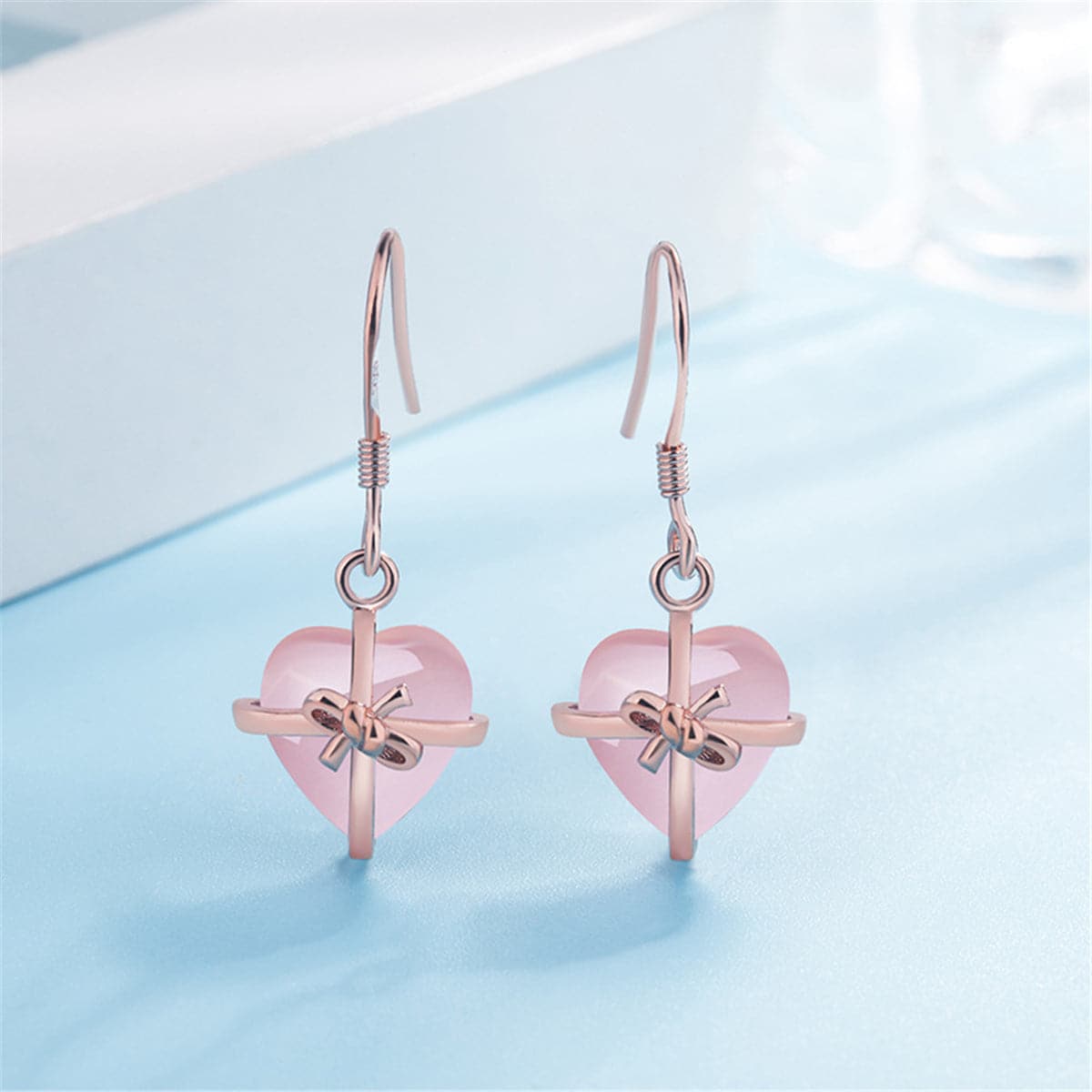 Rose Quartz and 18K Rose Gold-Plated Bezel Drop Earrings, rose gold drop earrings for women, side view