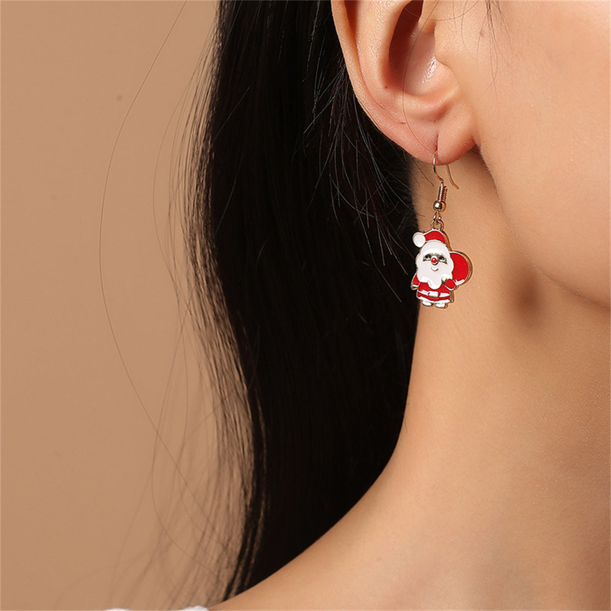 Red Enamel and 18K Gold-Plated Santa Pendant Necklace and Drop Earrings, gold drop earrings for women, detail close-up