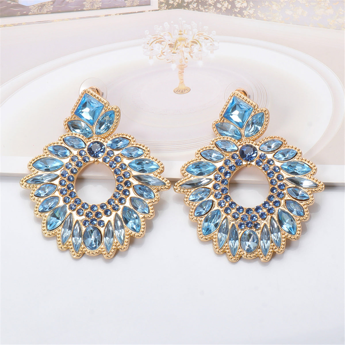 Blue Crystal and Cubic Zirconia Geometric Drop Earrings, drop earrings for women, botanical inspired, detail close-up