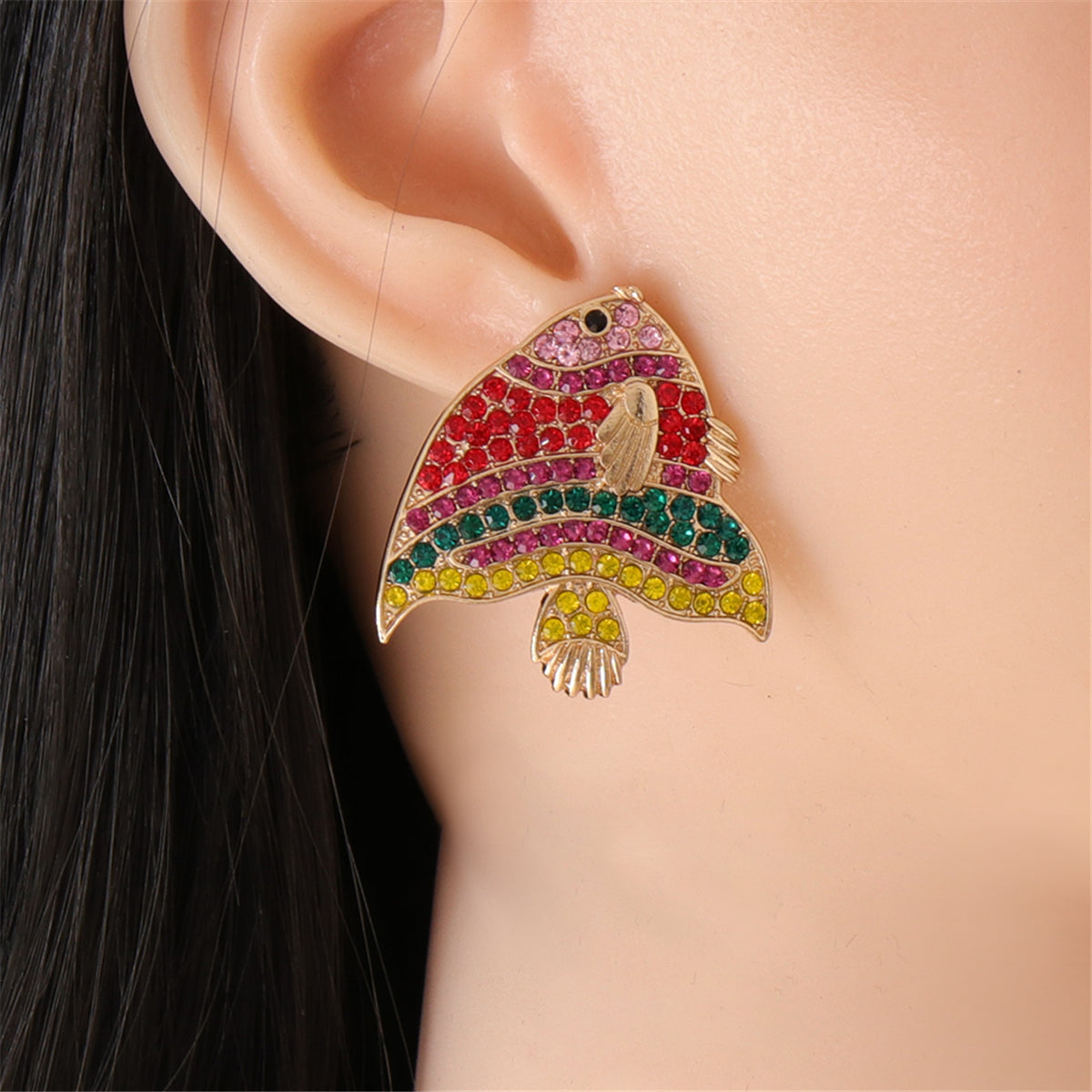 Red & Green Cubic Zirconia Fish Stud Earrings