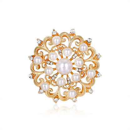 Clear Cubic Zirconia and Pearl 18K Gold-Plated Round Floral Brooch, gold brooch pin, botanical inspired, front view