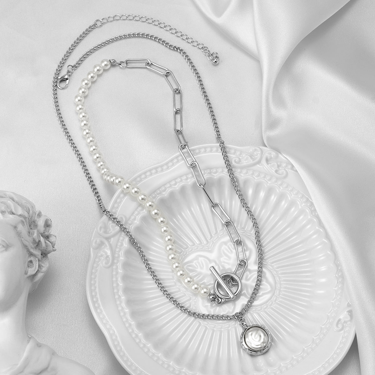 Pearl and Silver-Plated Necklace Set, jewelry gift sets for women, dainty minimalist design, side view