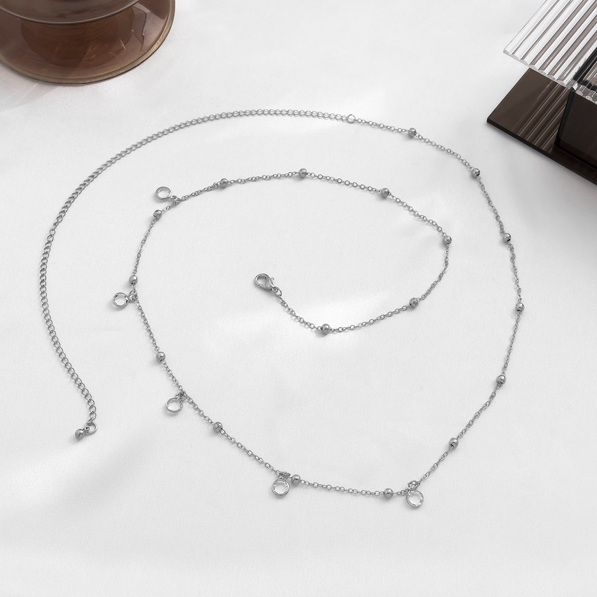 Cubic Zirconia and Silver-Plated Bead Waist Chain, silver pendant necklace for women, elegant gift for her, lifestyle look