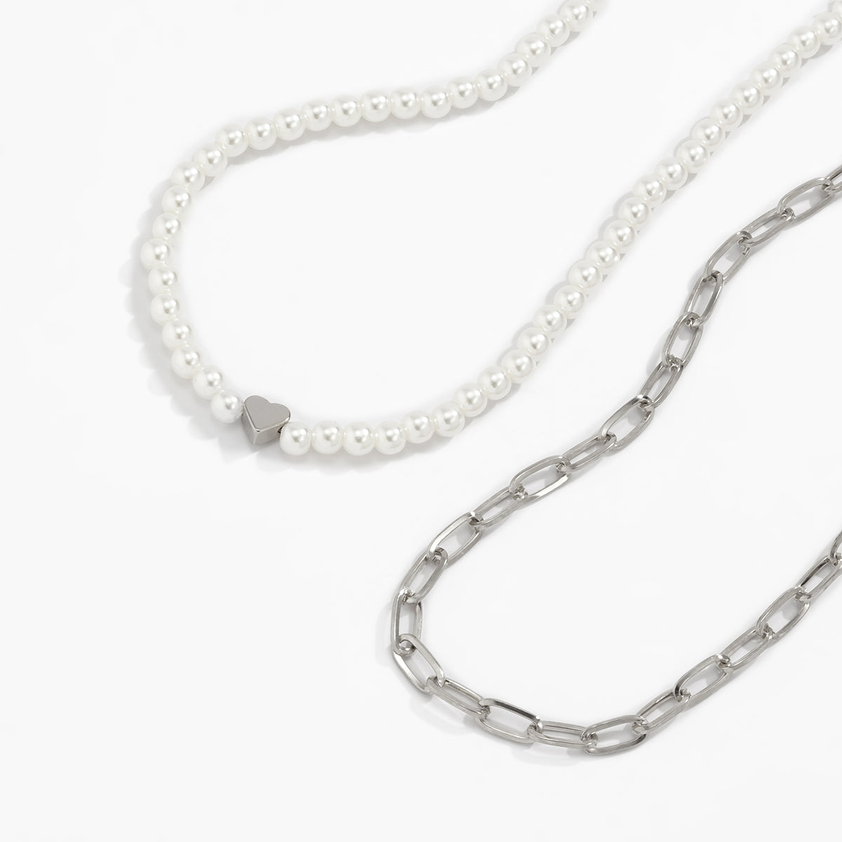 Pearl & Silver-Plated Heart Necklace Set