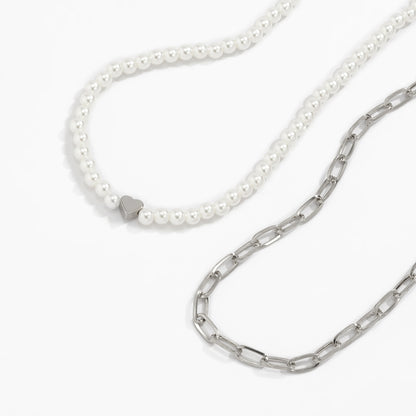 Pearl & Silver-Plated Heart Necklace Set