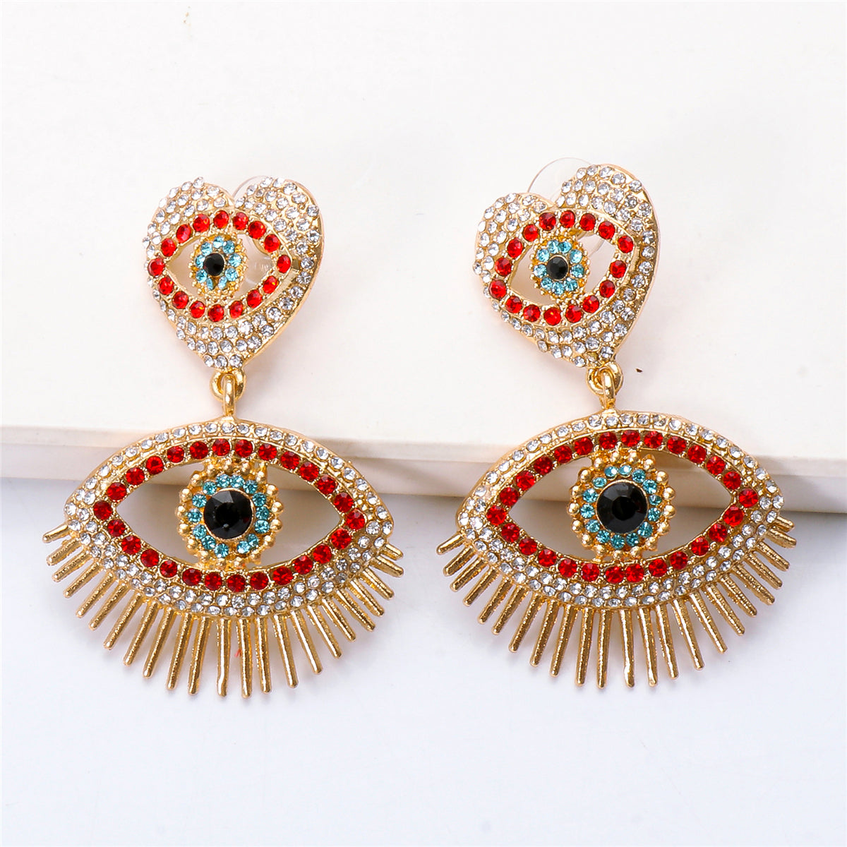 Red Cubic Zirconia and 18K Gold-Plated Evil Eye Drop Earrings, gold drop earrings for women, side view