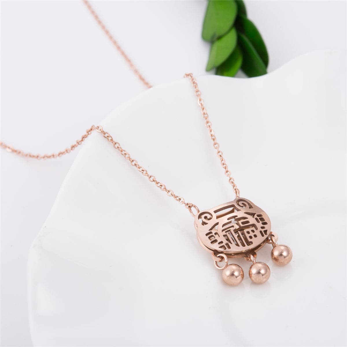 18K Rose Gold-Plated Lock Of Longevity Pendant Necklace, rose gold pendant necklace for women, botanical inspired, front view