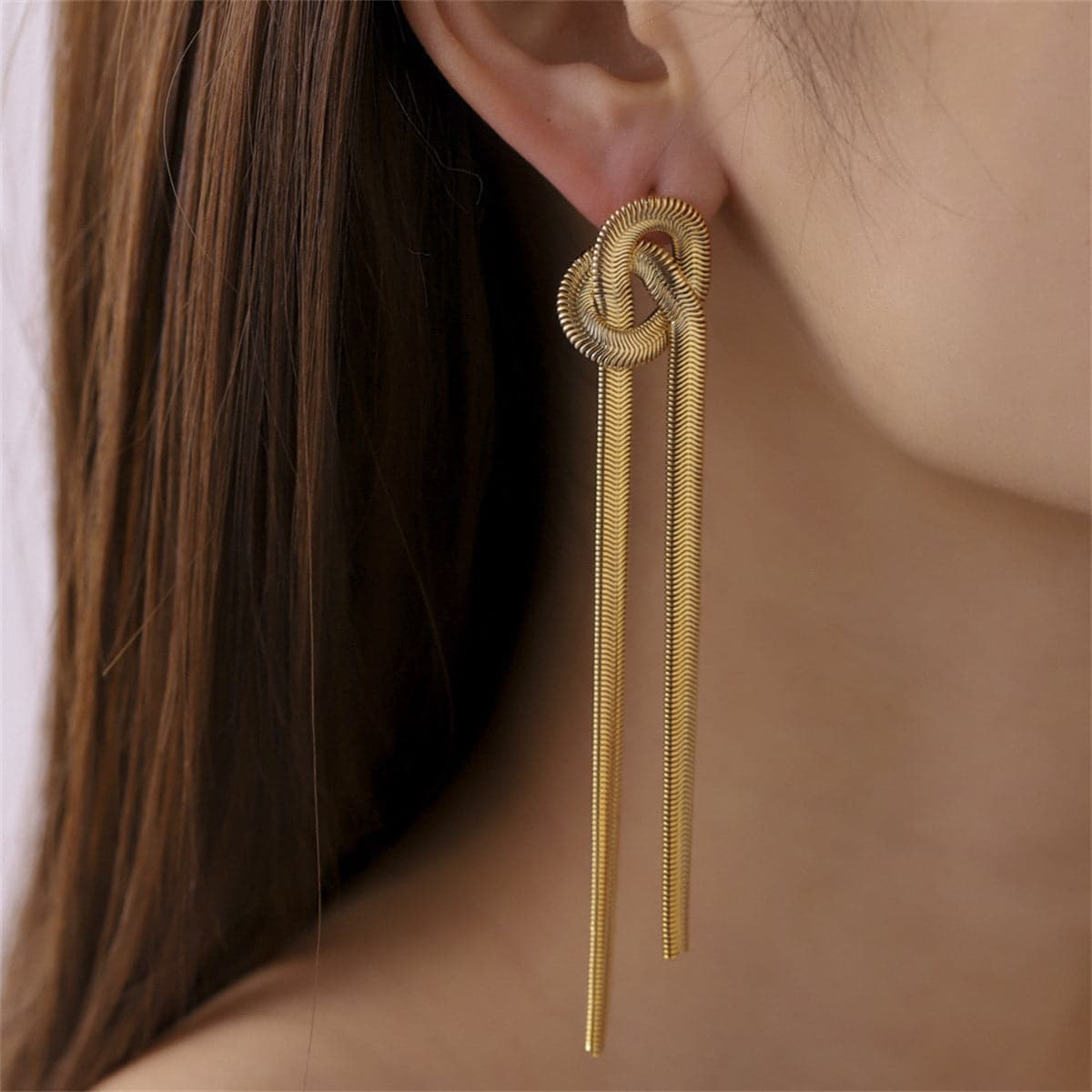 18K Gold-Plated Snake Chain Knotted Tassel Drop Earrings, gold drop earrings for women, elegant gift for her, front view