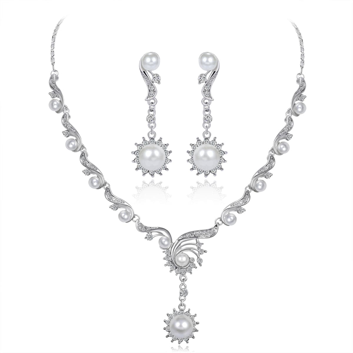 Cubic Zironia & Pearl Silver-Plated Botany Earrings & Necklace Set