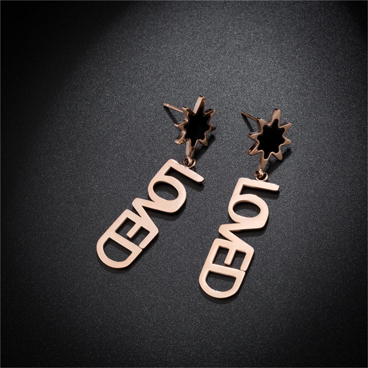 Black and 18K Rose Gold-Plated 'Loved' Drop Earrings, rose gold drop earrings for women, everyday style, front view
