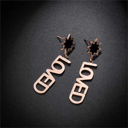Black and 18K Rose Gold-Plated 'Loved' Drop Earrings, rose gold drop earrings for women, everyday style, front view