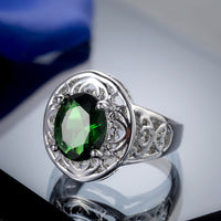 Green Crystal & Fine Silver-Plated Floral Ring