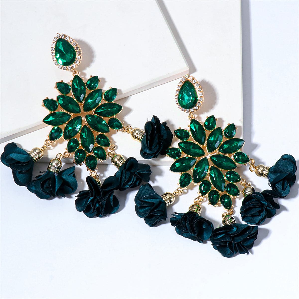 Midnight & Verdant Green Crystal Flower Tassel Drop Earrings