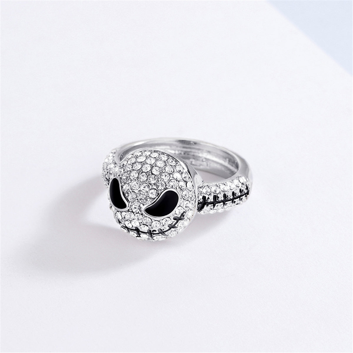 Cubic Zirconia and Silver-Plated Skull Band Ring, silver statement rings for women, elegant gift for her, detail close-up